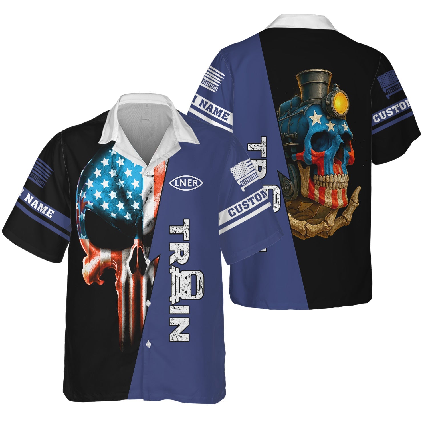 Railspirit Personalized London and North Eastern Railway Hawaiian Shirt Train Skull American Flag Shirt All Over Print