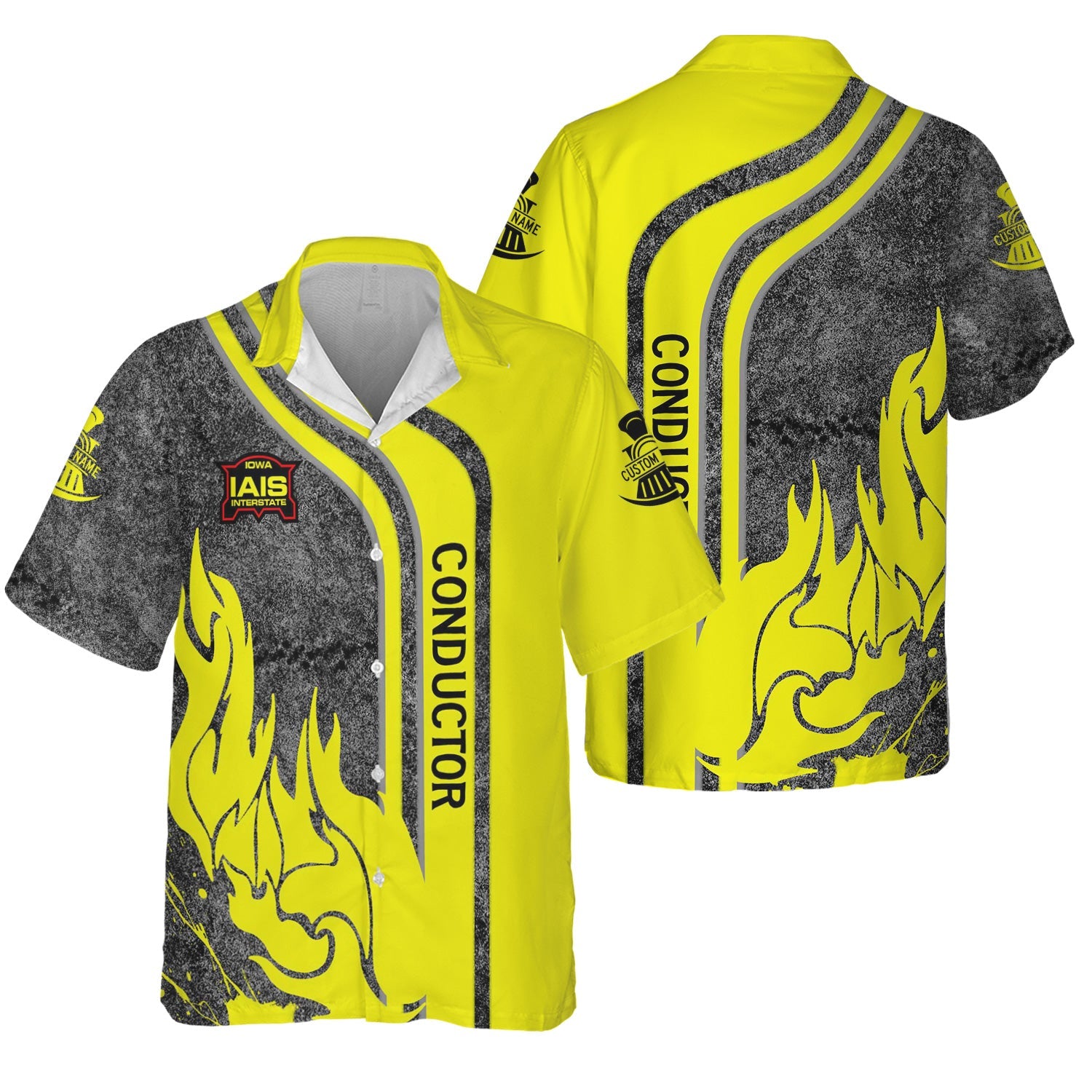 Railspirit Personalized Iowa Interstate Railroad Hawaiian Shirt Flame Design with Custom Job Position IAIS Train Shirt
