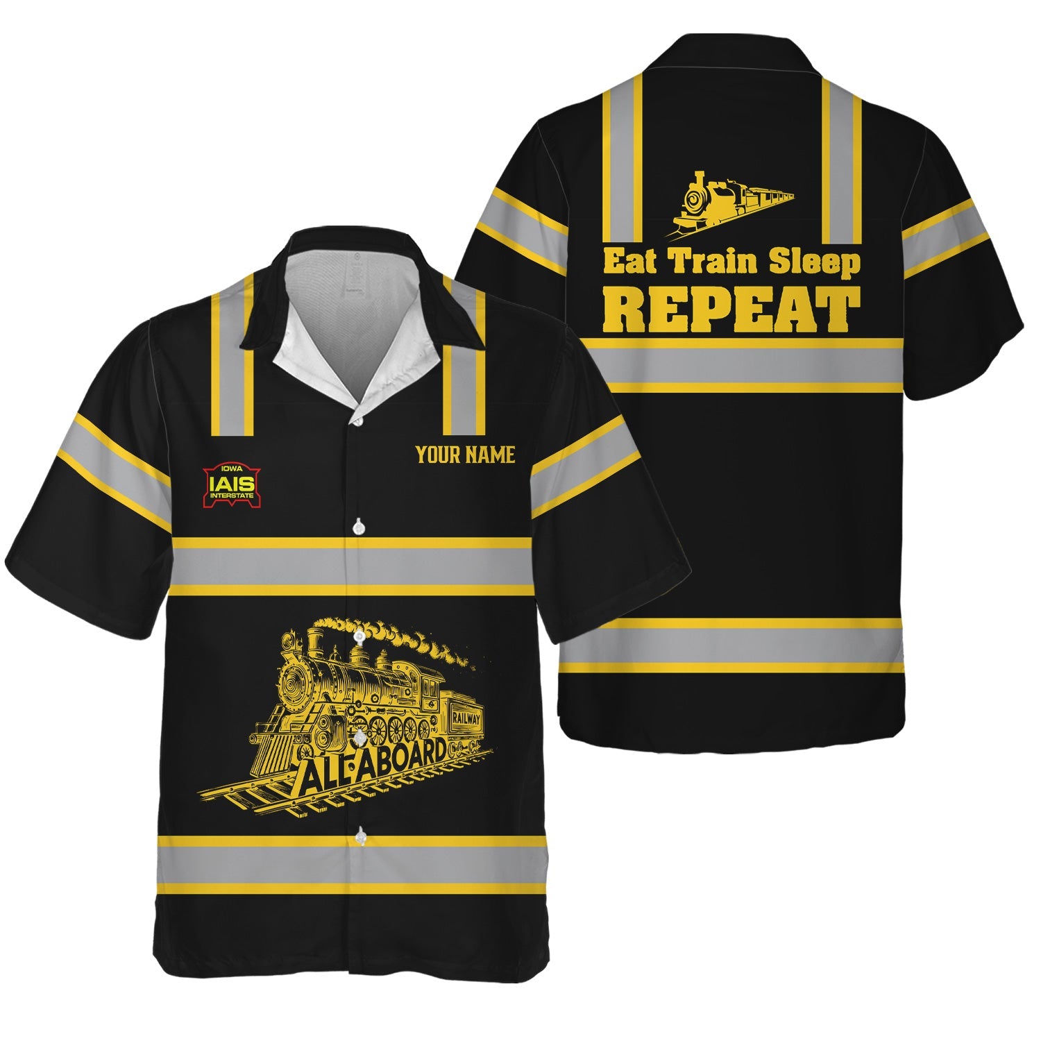 Railspirit Custom Name Iowa Interstate Railroad Hawaiian Shirt Eat Train Sleep Repeat IAIS Printed Train Shirt