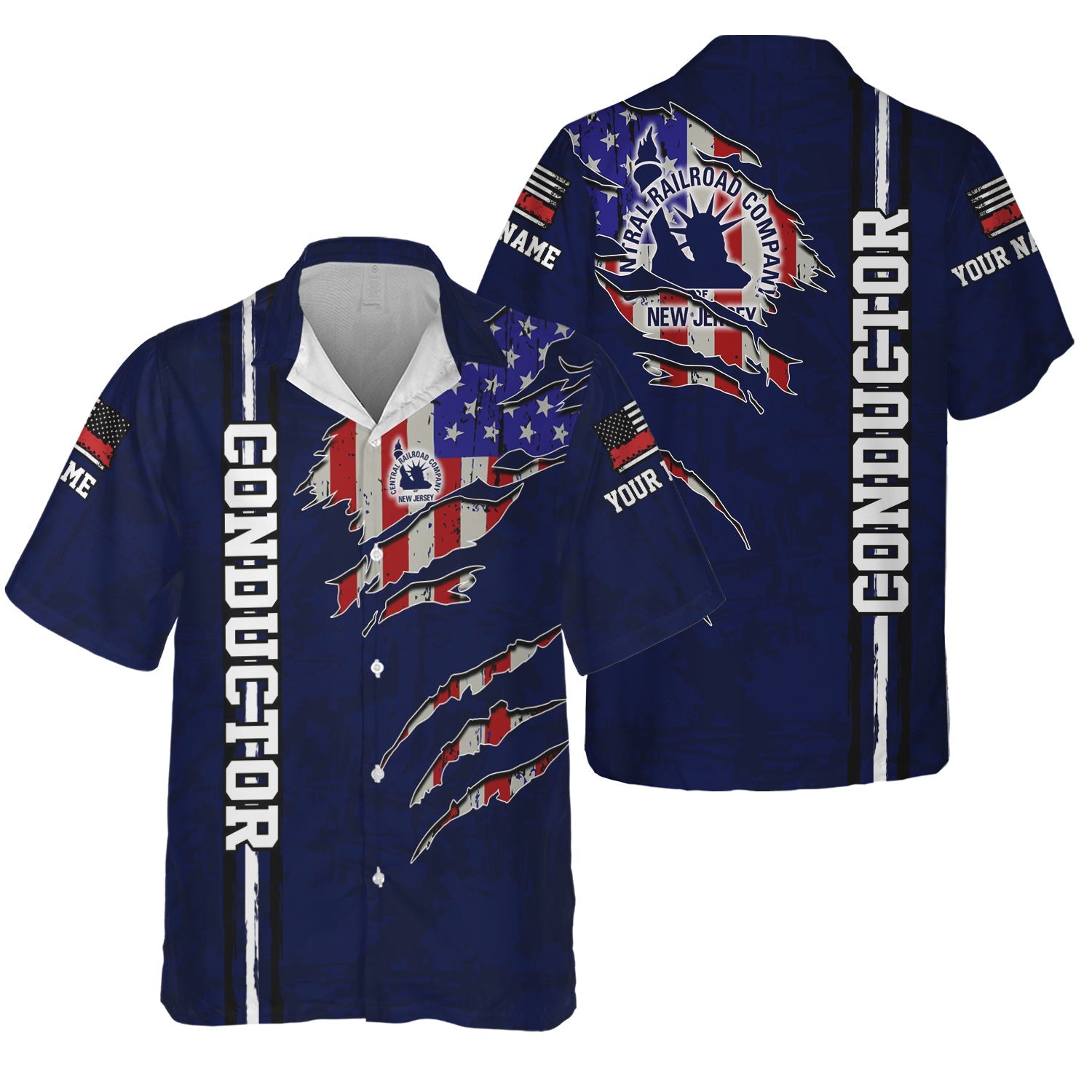 Railspirit Personalized Jersey Central Railroad Hawaiian Shirt USA Flag Claw Art with Custom Job CNJ Train Shirt