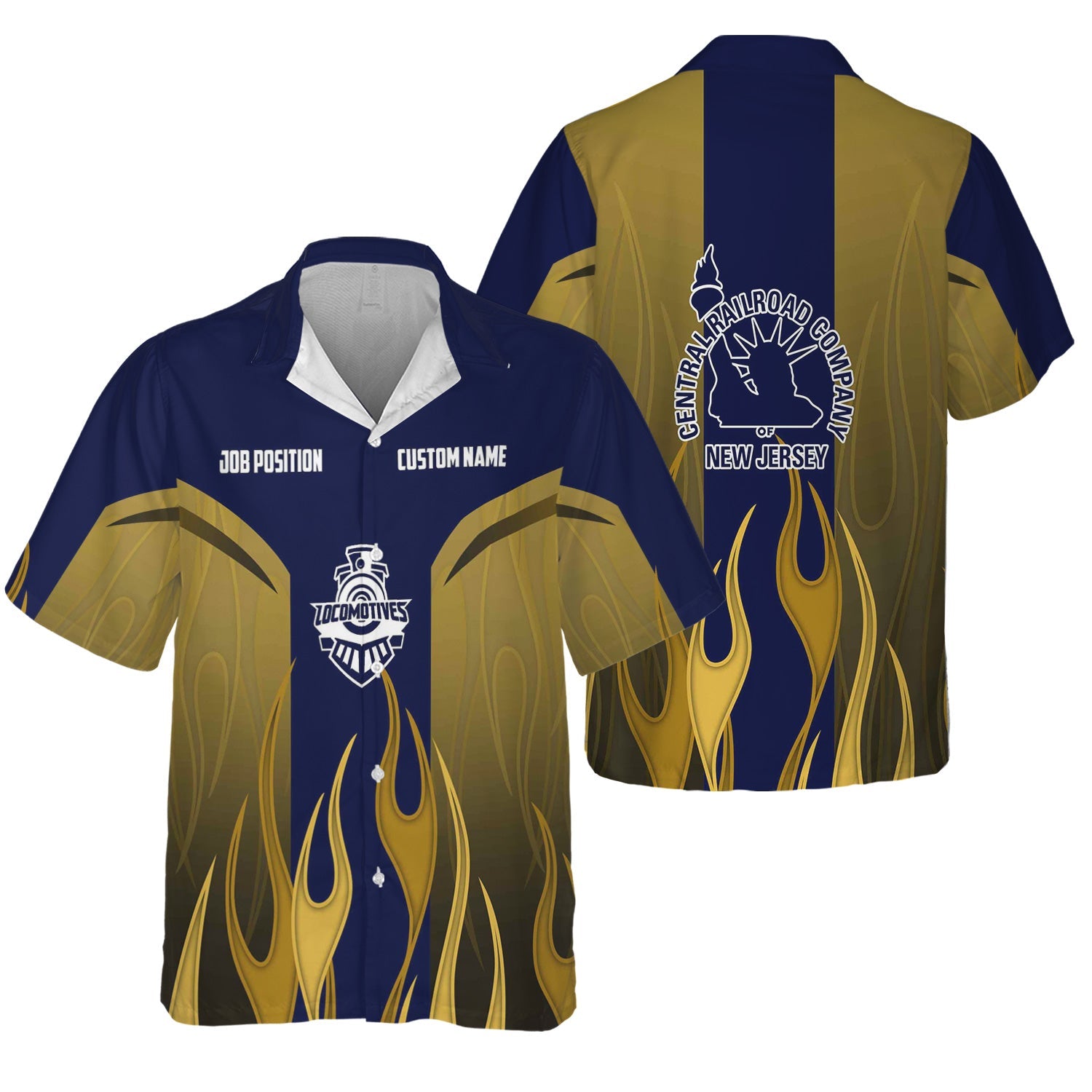 Railspirit Custom Name and Job Title Jersey Central Railroad Hawaiian Shirt Flame Graphic CNJ Train Shirt For Rail Workers