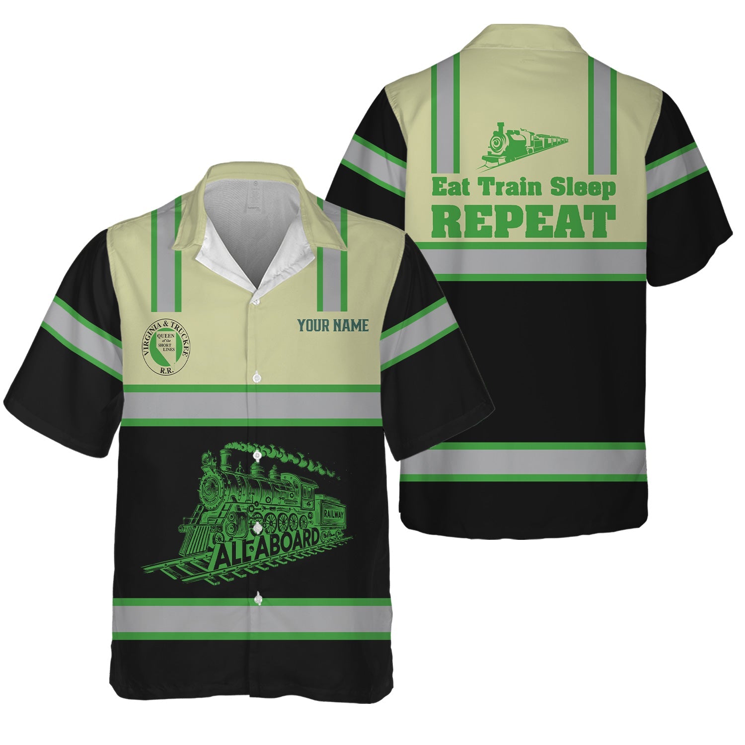 Railspirit Custom Name Virginia & Truckee Railroad Hawaiian Shirt Eat Train Sleep Repeat Printed Train Shirt