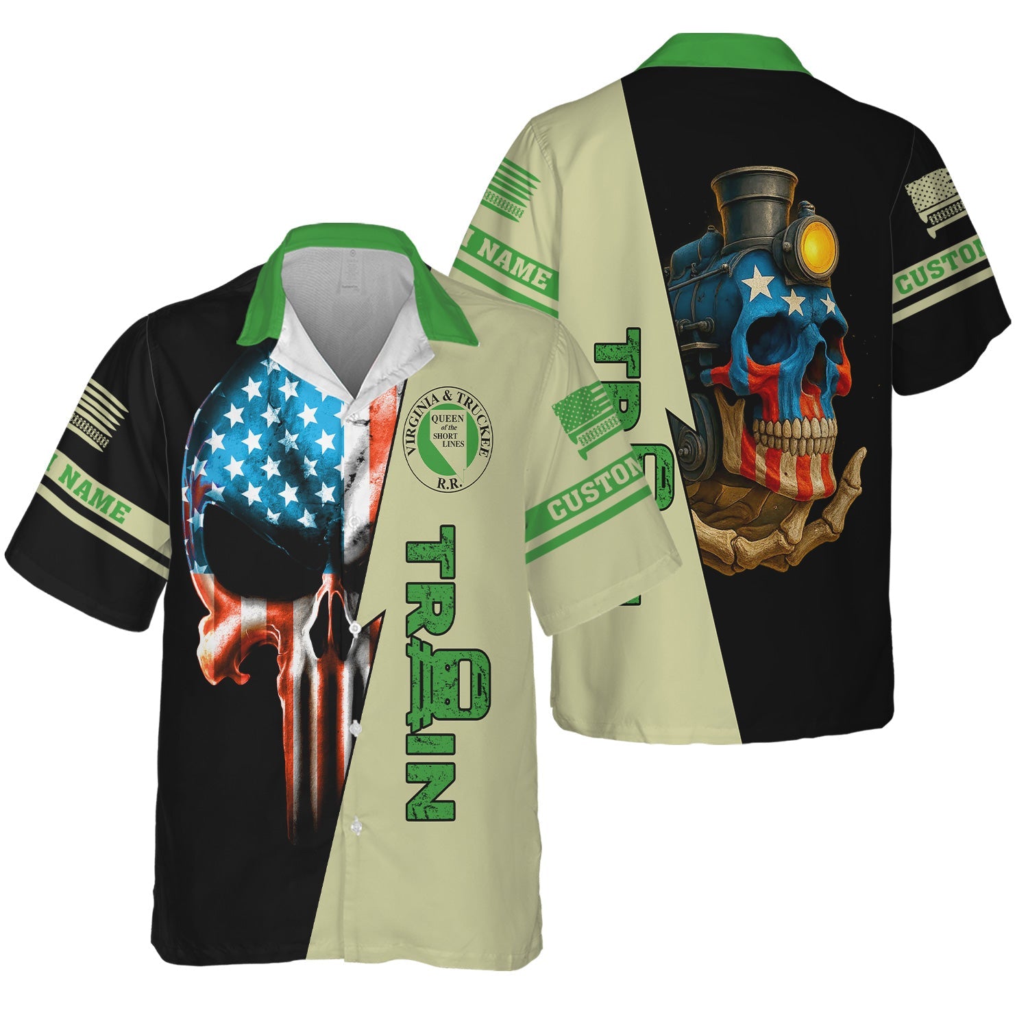 Railspirit Personalized Virginia & Truckee Railroad Hawaiian Shirt Train Skull American Flag Shirt All Over Print