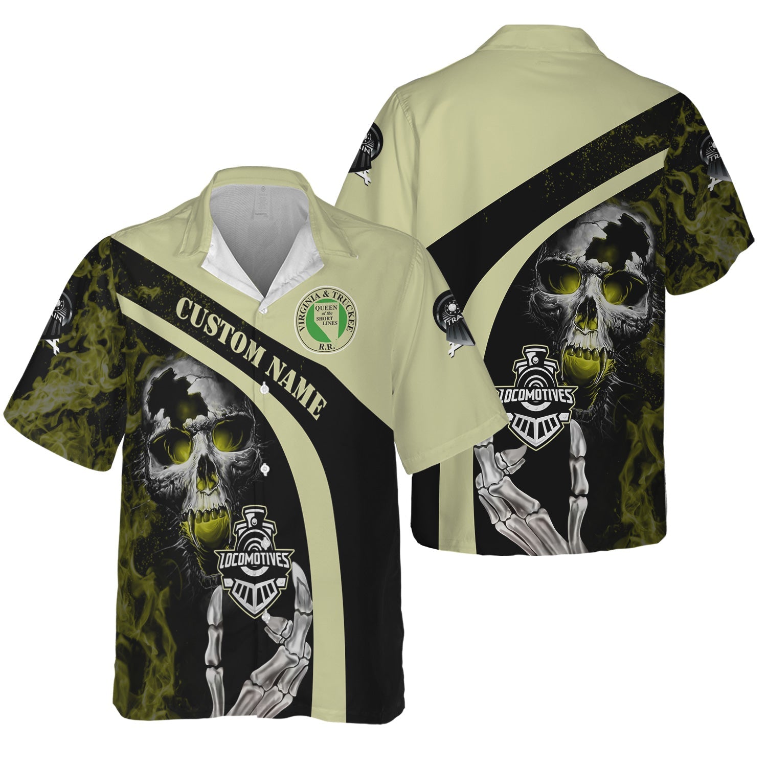Railspirit Personalized Virginia & Truckee Railroad Hawaiian Shirt Flame Skull Design Train Shirt for Locomotive Fans