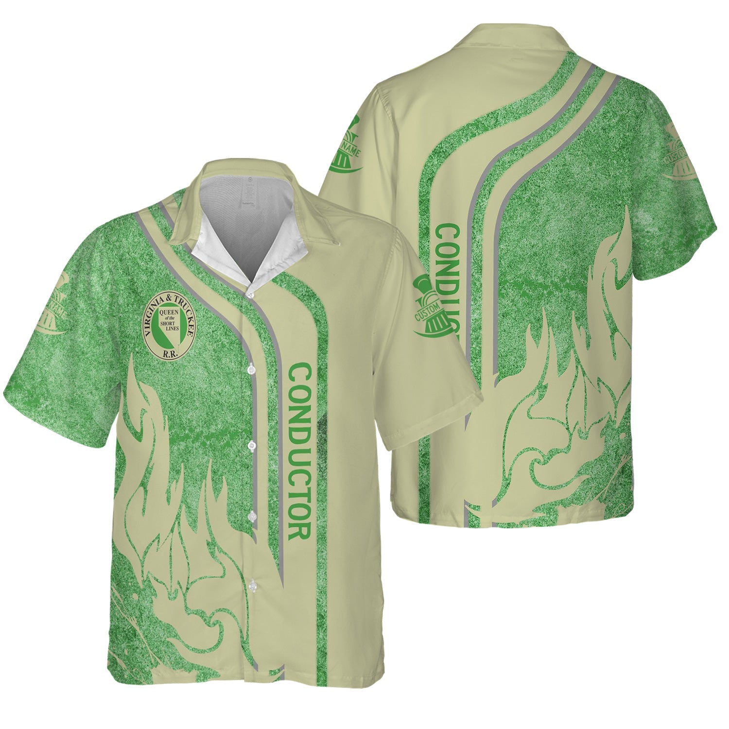 Railspirit Personalized Virginia & Truckee Railroad Hawaiian Shirt Flame Design with Custom Job Position Train Shirt