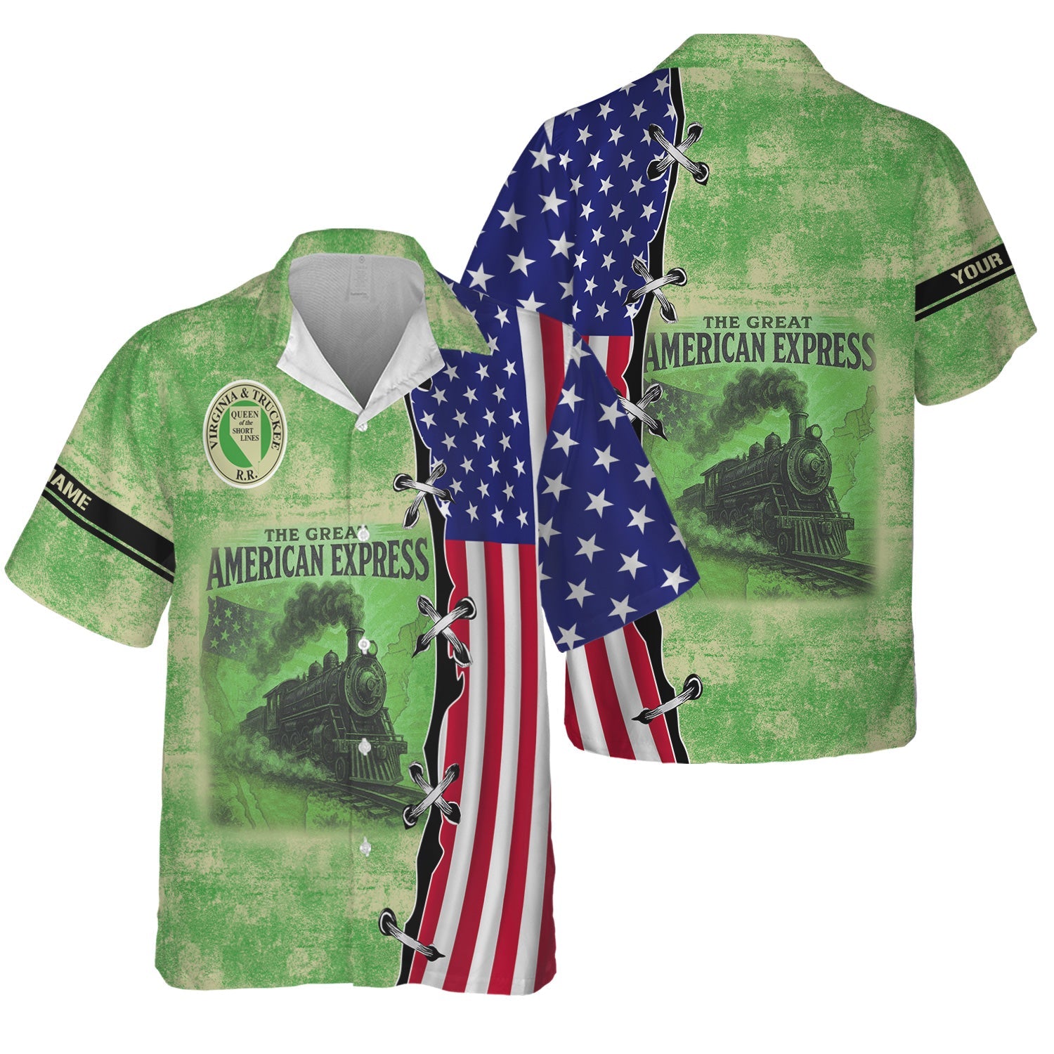 Railspirit Personalized Virginia & Truckee Railroad Hawaiian Shirt Retro American Express Train With USA Flag Shirt