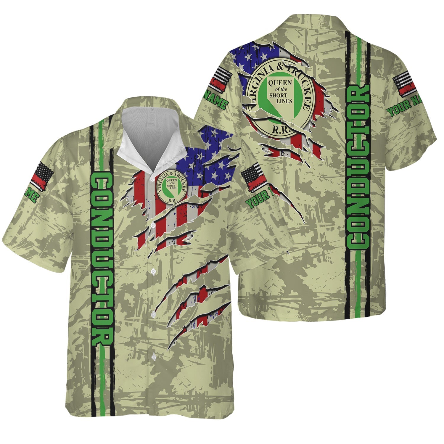 Railspirit Personalized Virginia & Truckee Railroad Hawaiian Shirt USA Flag Claw Art with Custom Job Train Shirt