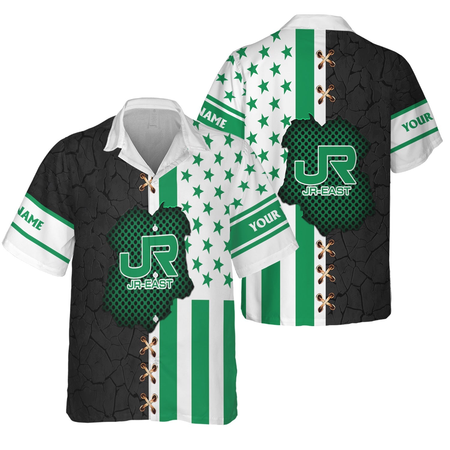 Railspirit Personalized East Japan Railway Hawaiian Shirt American Flag with Crack Effect JR-EAST Train Shirt