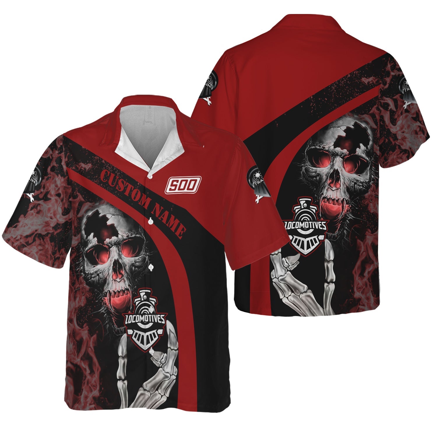 Railspirit Personalized Soo Line Railroad Hawaiian Shirt Flame Skull Design Train Shirt for Locomotive Fans