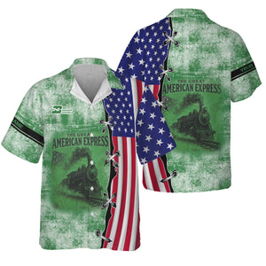Railspirit Personalized Burlington Northern Railroad Hawaiian Shirt Retro American Express Train With USA Flag Shirt
