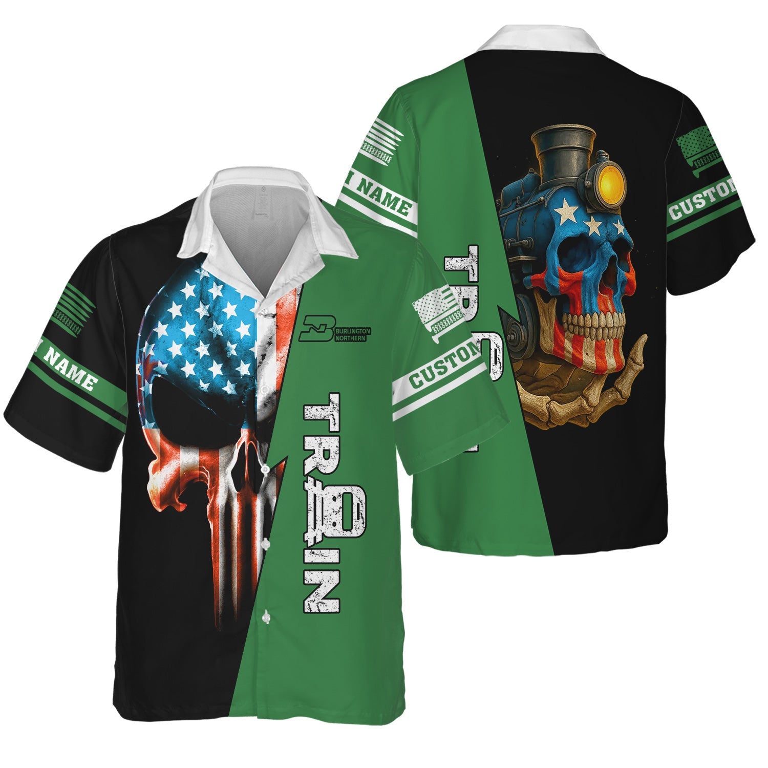 Railspirit Personalized Burlington Northern Railroad Hawaiian Shirt Train Skull American Flag Shirt All Over Print