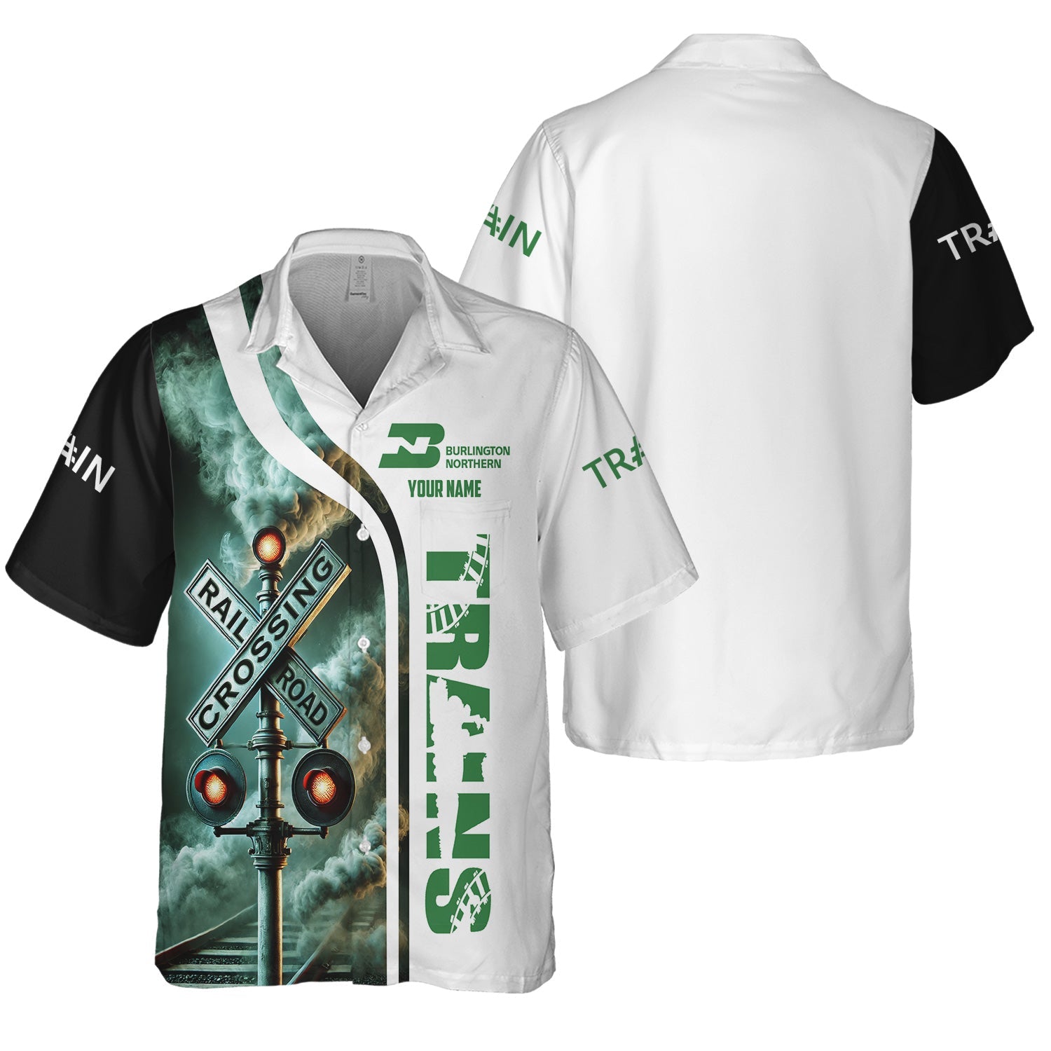 Railspirit Custom Name Burlington Northern Railroad Hawaiian Shirt Railroad Crossing Sign Printed Train Shirt