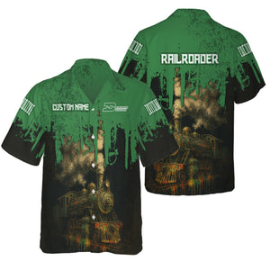 Railspirit Personalized Burlington Northern Railroad Hawaiian Shirt Vintage Train Art Style Shirt For Locomotive Fans