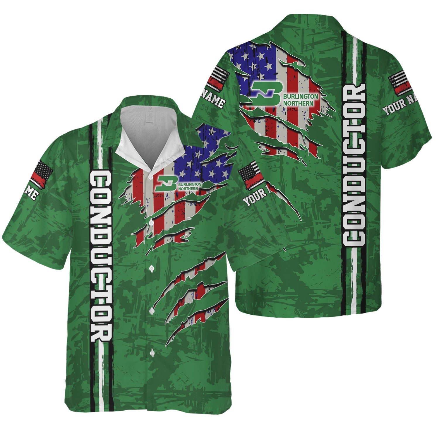 Railspirit Personalized Burlington Northern Railroad Hawaiian Shirt USA Flag Claw Art with Custom Job Train Shirt