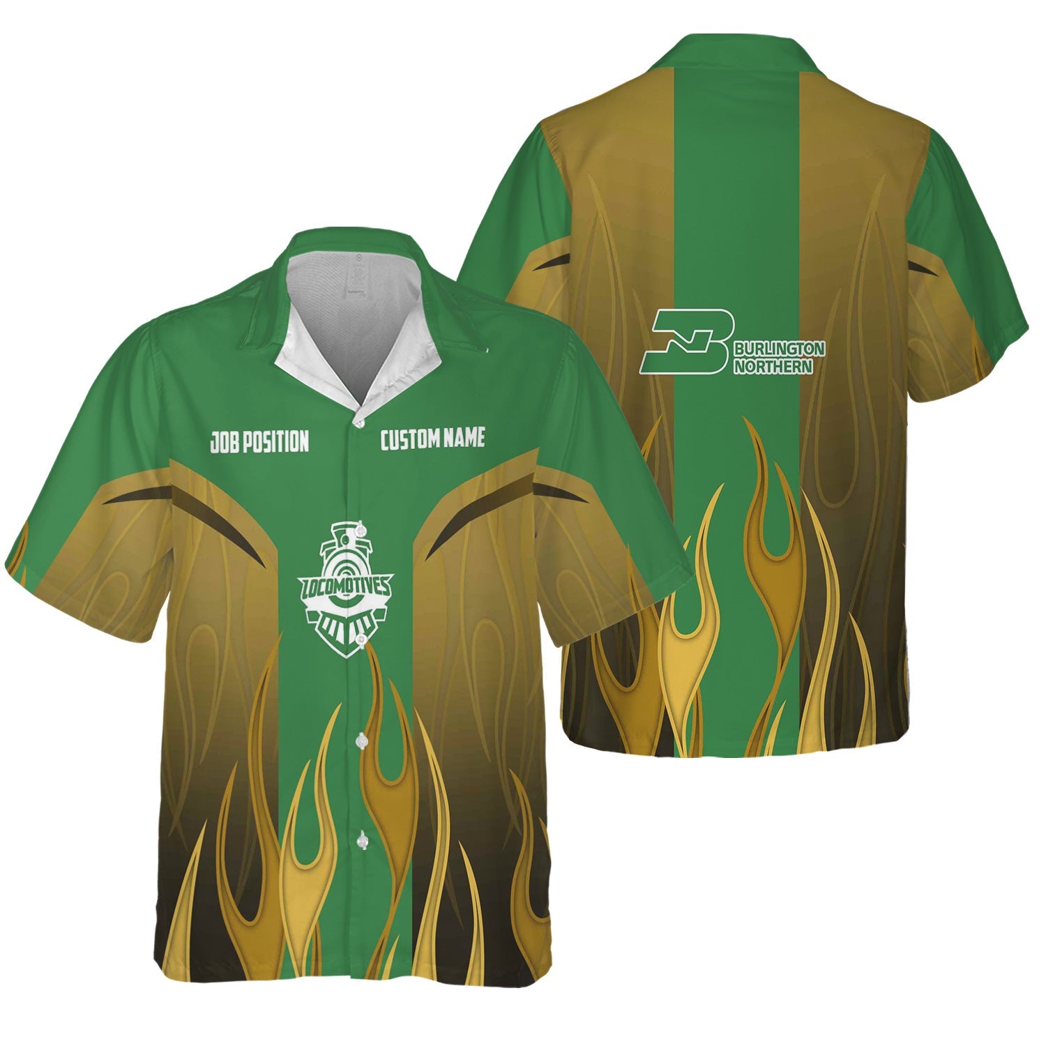 Railspirit Custom Name and Job Title Burlington Northern Railroad Hawaiian Shirt Flame Graphic Train Shirt For Rail Workers