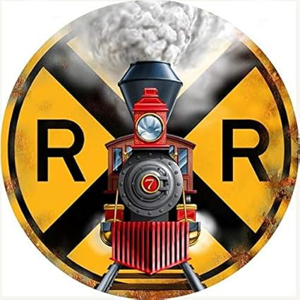 Railspirit Train Signage Railroad Crossing, Vintage Round Metal Sign Nostalgic
