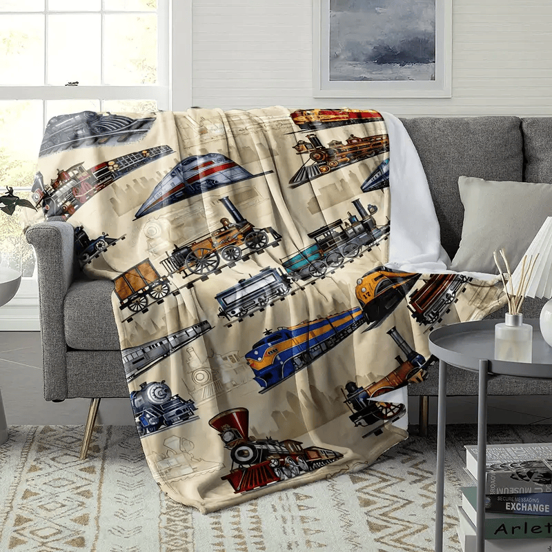 Railspirit Vintage Types Of Train All Over Printed Blanket