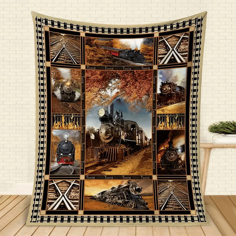 Railspirit Vintage Train World Over Printed Blanket Gift For Train Lover