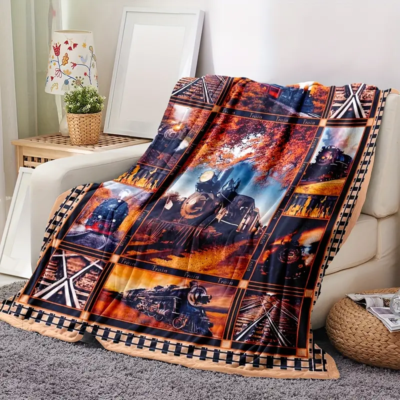 Railspirit Vintage Train Printed Blanket Gift For Train Lover Blanket for Sofa, Lunch Break, and Nap