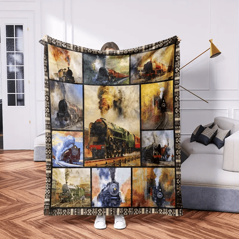 Railspirit Vintage Train Printed Blanket Gift For Train Lovers Multi-Purpose Throw for Home, Office, Camping & Travel