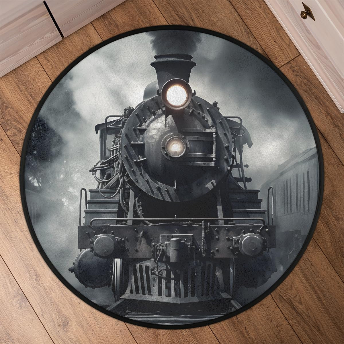Railspirit Vintage Locomotive Train Black Printed Round Mat