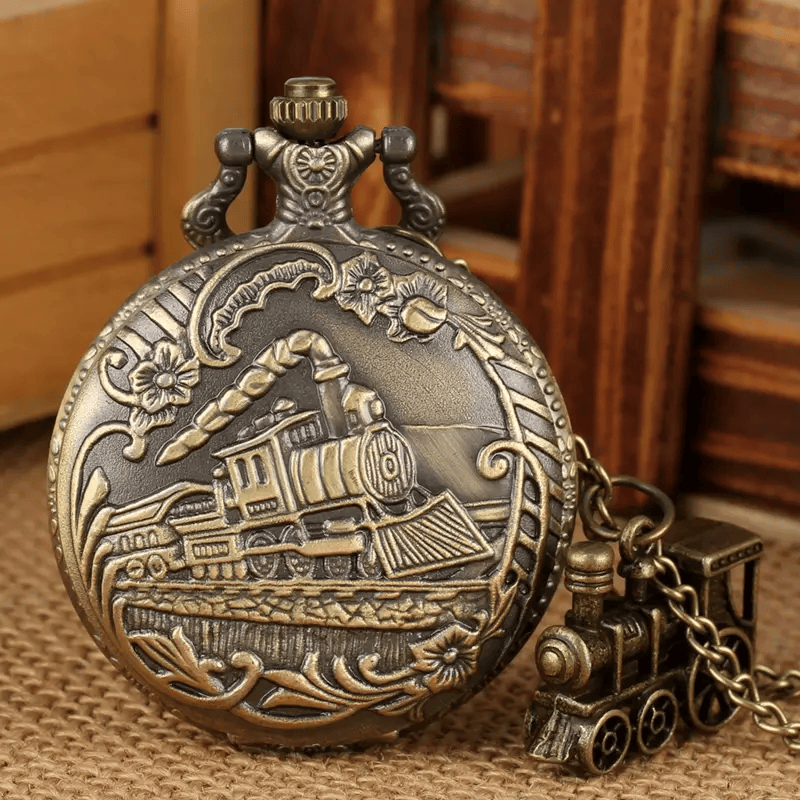 Railspirit Bronze Train Locomotive Quartz Pocket Watch Retro Necklace Pendant Chain Gifts With Train Accessory