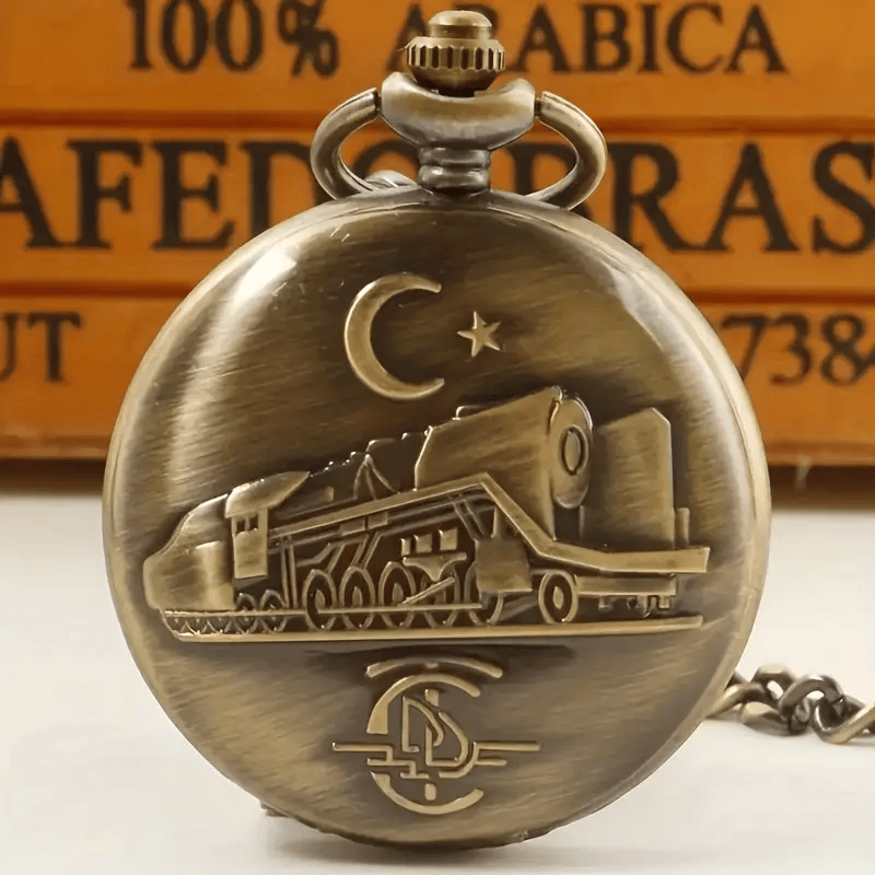 Railspirit Vintage Bronze Star & Moon Train Embossed Quartz Pocket Watch - Necklace Charm, Perfect Gift