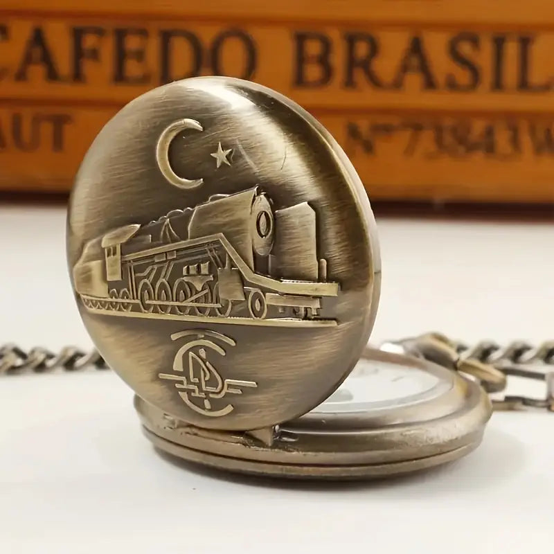 Railspirit Vintage Bronze Star & Moon Train Embossed Quartz Pocket Watch - Necklace Charm, Perfect Gift