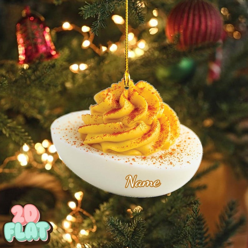 Personalized Deviled Egg 2D Flat Ornament, Funny Food Christmas Tree Decor, Custom Foodie Holiday Gift, Unique Egg Lover Kitchen Keepsake