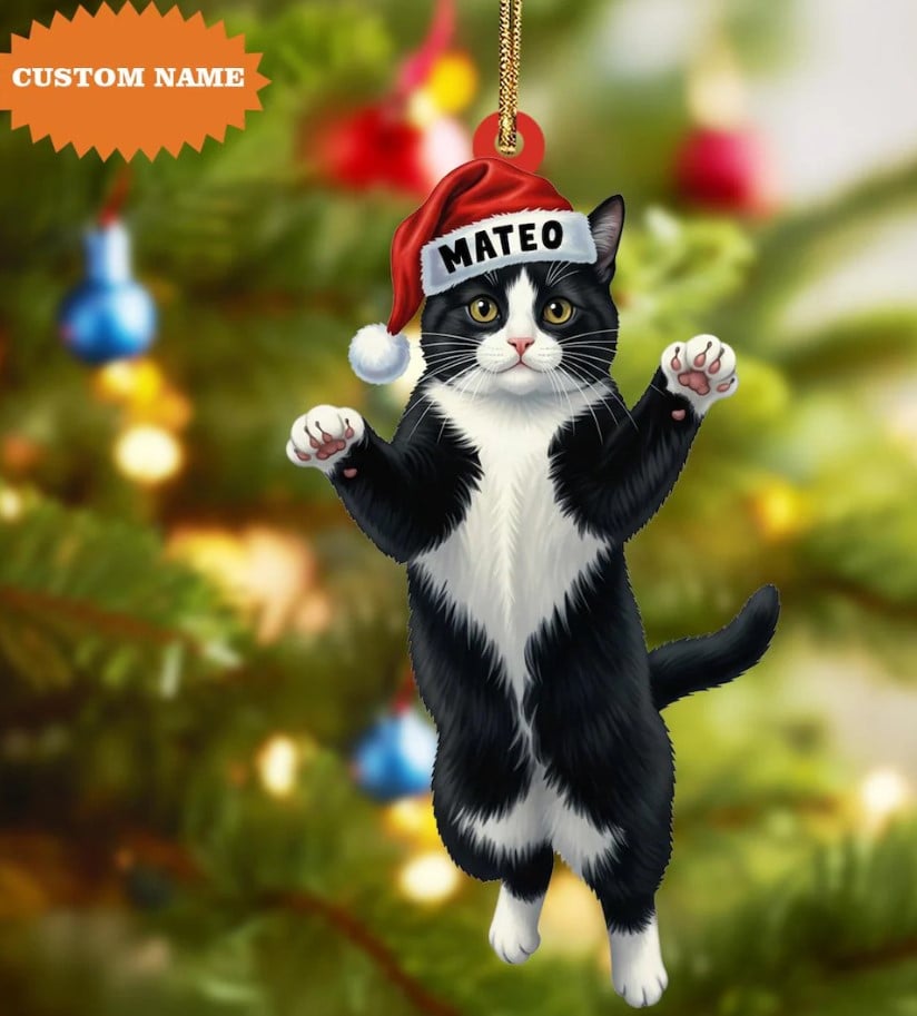 Personalized Tuxedo Cat Ornament, 2D Flat Ornament, Tuxedo Cat Ornament, Xmas Tree Decor, Christmas Tree Hanging, Gift For Mom