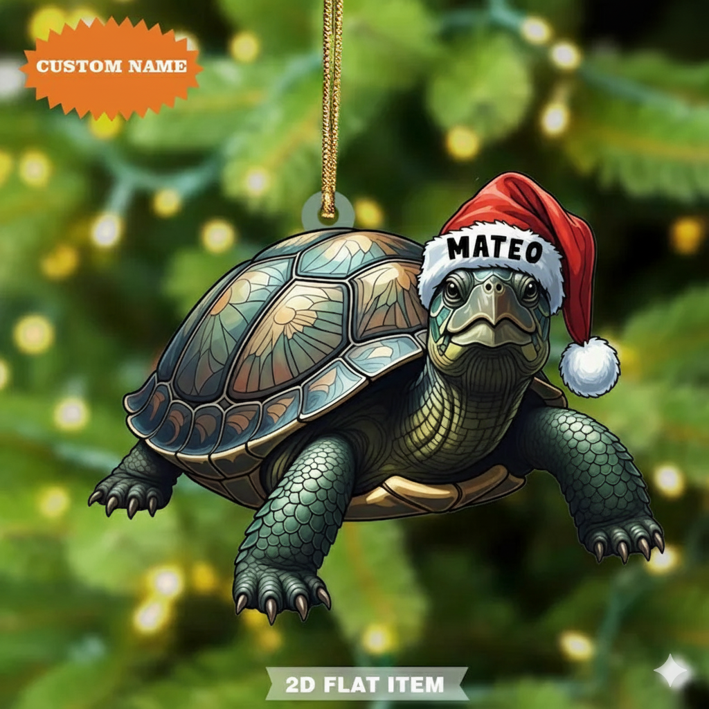 Cute Turtle Christmas Ornament, Personalized Holiday Acrylic Decoration, Custom Ocean Animal Ornament Gift, 2D Flat Ornamnet
