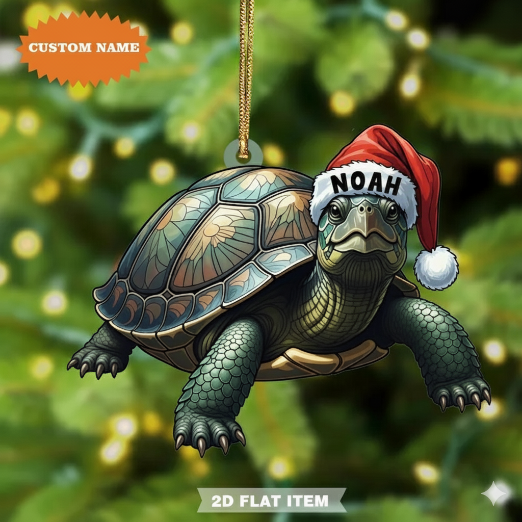 Cute Turtle Christmas Ornament, Personalized Holiday Acrylic Decoration, Custom Ocean Animal Ornament Gift, 2D Flat Ornamnet