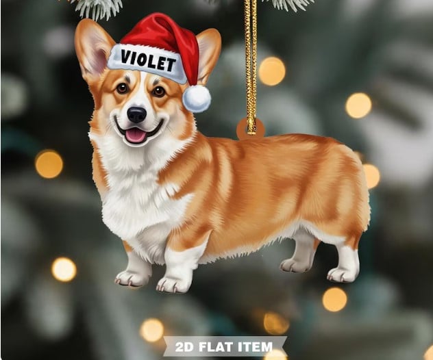 Personalized Corgi Christmas Ornament, Christmas Tree Hanging Decor, Christmas Flat 2D Ornament, Gift For Corgi Lover