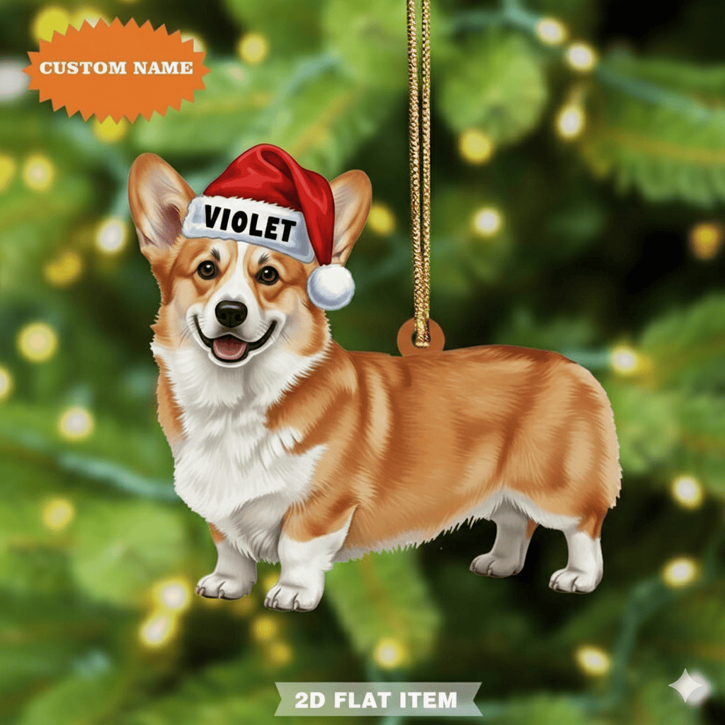Personalized Corgi Christmas Ornament, Christmas Tree Hanging Decor, Christmas Flat 2D Ornament, Gift For Corgi Lover
