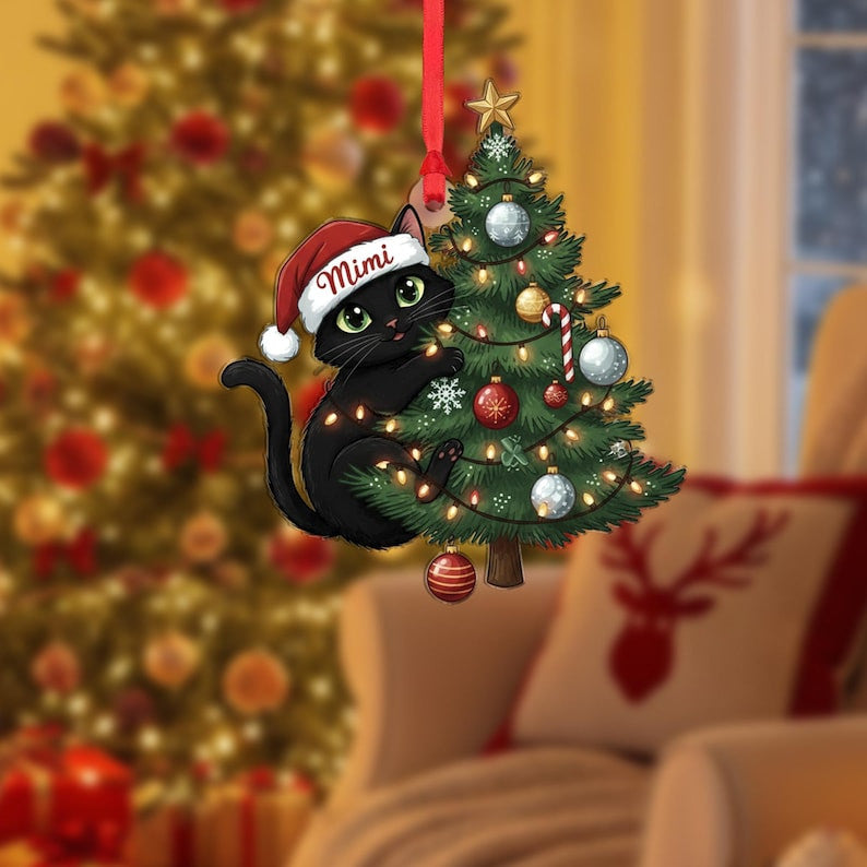 Personalized Black Cat Christmas Ornament, Christmas Tree Hanging Decor,Flat 2D Ornament Acrylic, Gift For Pet Lover