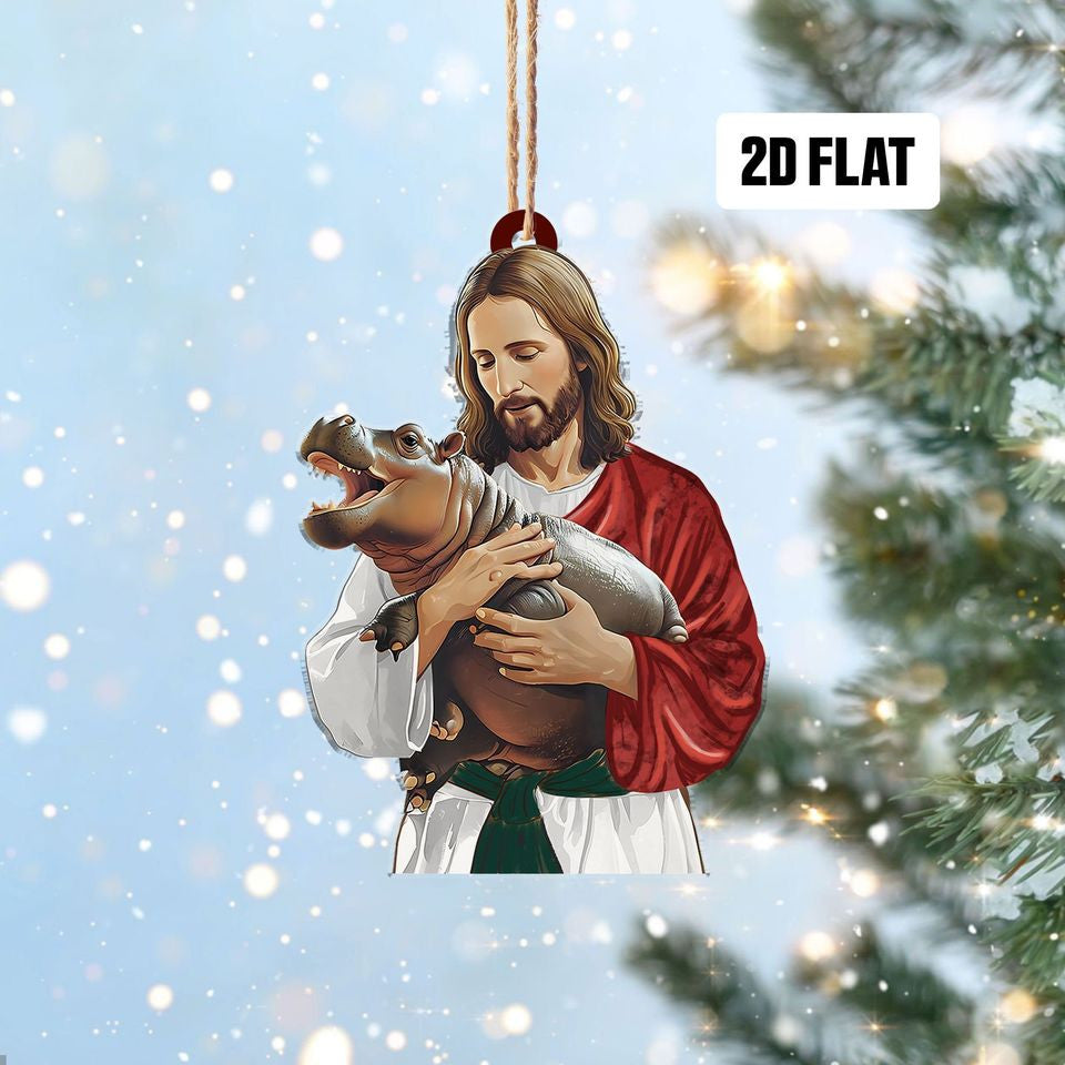 Jesus Holding Moo Deng 2D Flat Ornament, Hippo Rearview, Christmas Ornament 2025, Gift For Christian