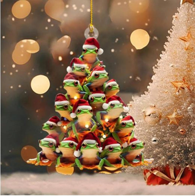 Cute Frog Ornament For Christmas Tree Acrylic Holiday Decor With Santa Hat Frogs, Funny Xmas Gift For Frog Lovers, Family, Friends