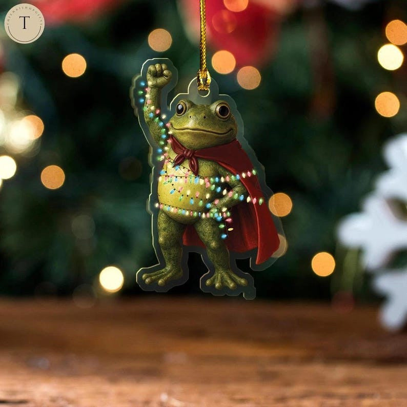 Funny Superhero Frog Ornament, Christmas Tree Decor With Lights, Quirky Animal Xmas Gift, Amphibian Lover Present, Cute Frog Tag