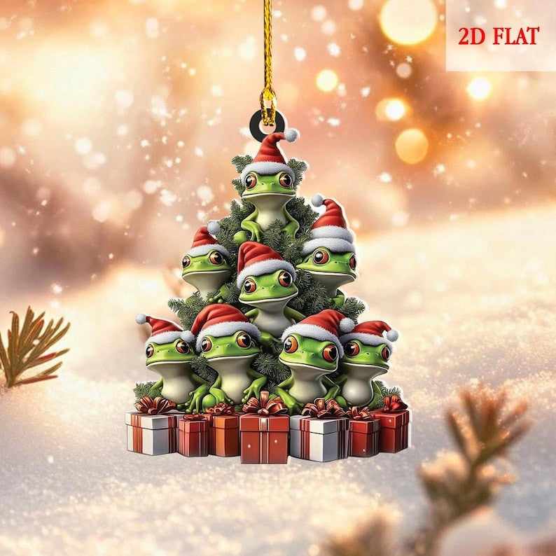 Frog Christmas Tree Ornament, Funny Tree Frog Stack Decor, Cute Amphibian Holiday Gift, Santa Hat Ornament, Xmas Tree Decoration