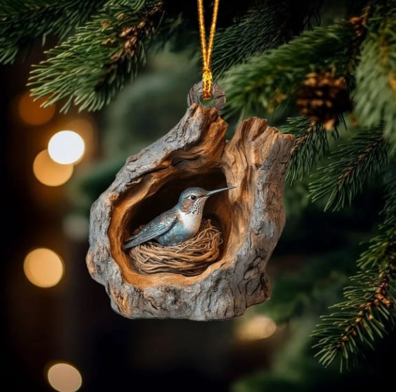 Hummingbird Ornament, 2D Flat Ornament, Christmas Tree Decoration, Bird Nest Holiday Ornament Gift For Pet Lovers