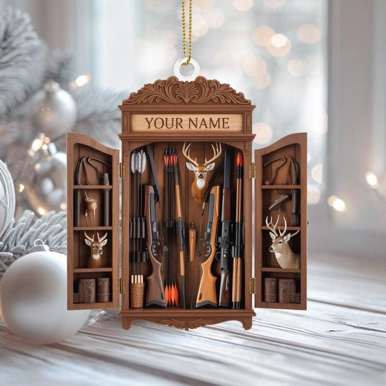 Personalized Hunting Cabinet Ornament, 2D Flat Christmas Tree Ornament, Holiday Gift For Family, Christmas Decoration For Home