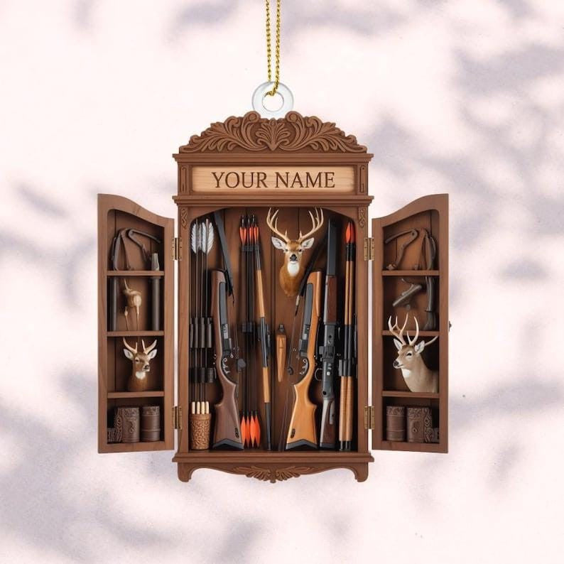 Personalized Hunting Cabinet Ornament, 2D Flat Christmas Tree Ornament, Holiday Gift For Family, Christmas Decoration For Home