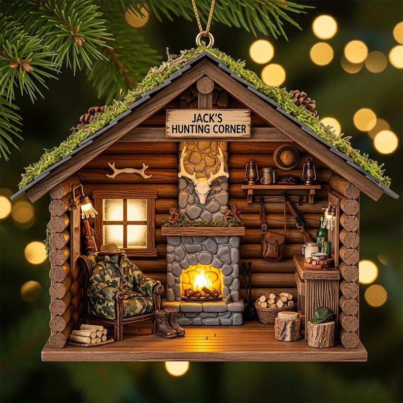 Personalized Hunting Cabin Ornament, Custom Name Log Cabin Keepsake Gift For Hunters & Outdoorsmen Christmas Decor