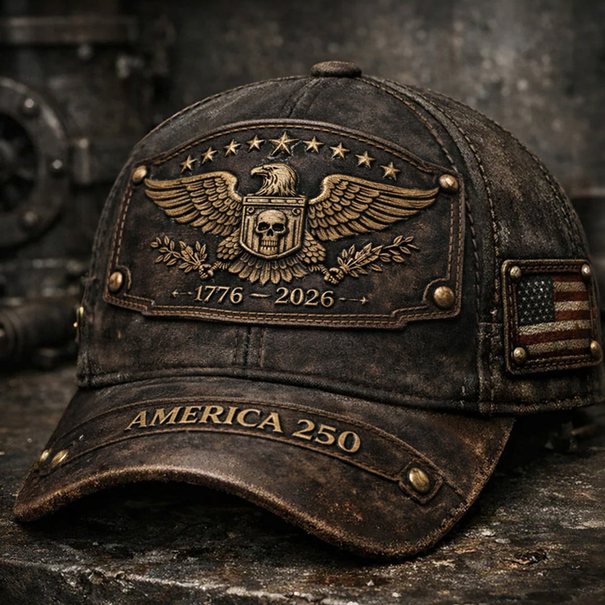 Printed Vintage America 250 Trucker Cap, Eagle Skull 1776–2026 Patriotic Hat, Distressed USA Flag Cap, Gift for Dad