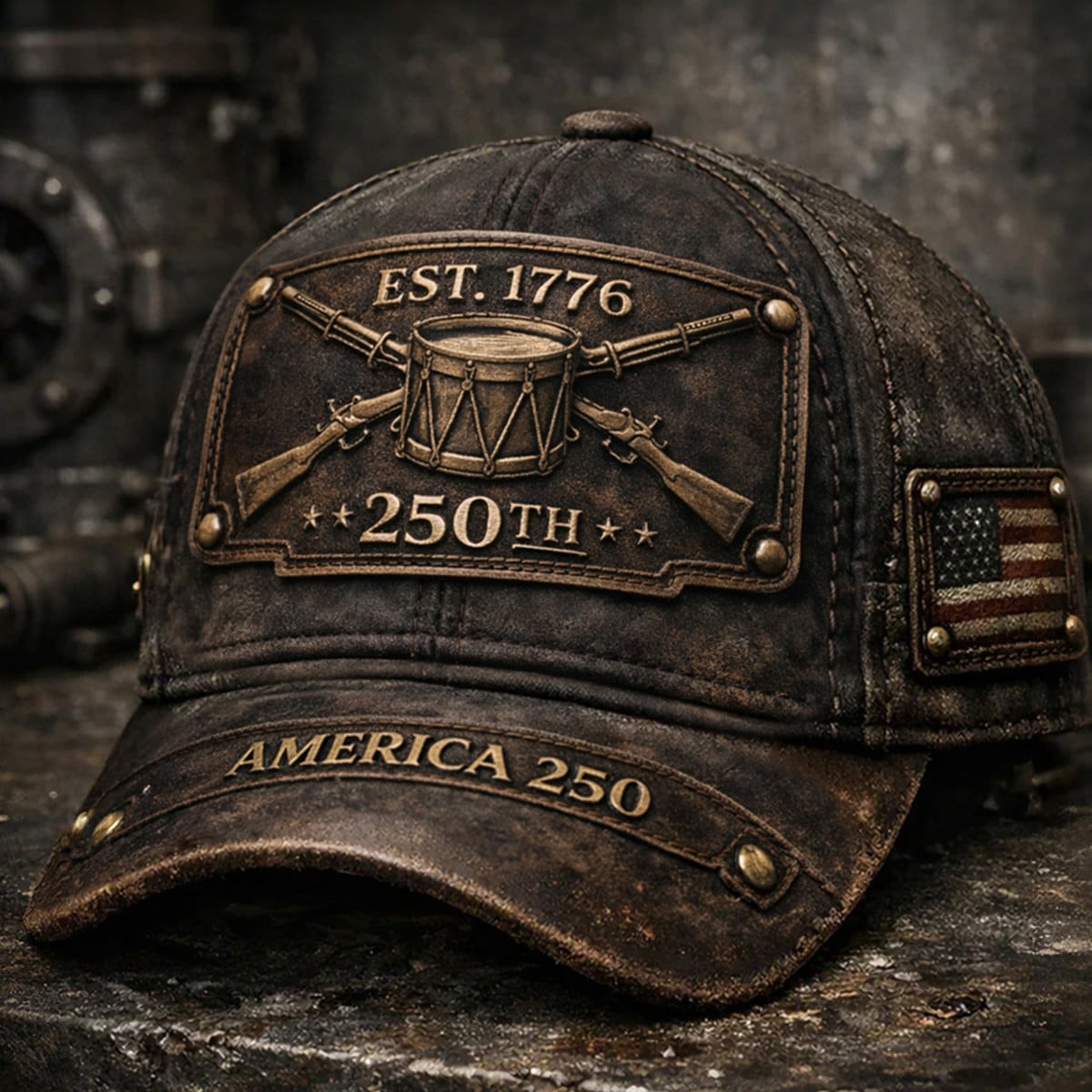 Printed Vintage America 250 Trucker Cap, 250th Anniversary 1776–2026 Drum Rifle Design, Distressed Patriotic Hat
