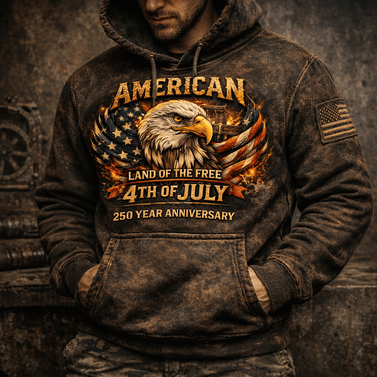 Printed American Eagle 4th Of July Hoodie, Patriotic USA Hoodie 250 Year Anniversary, Independence Day Gift For Men Dad