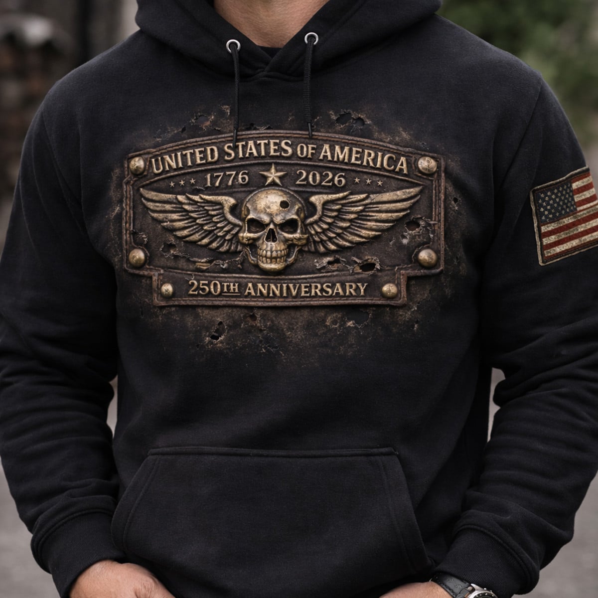 Printed USA 250th Anniversary Hoodie, United States of America 1776–2026 Skull Eagle Patriotic Pullover Hoodie