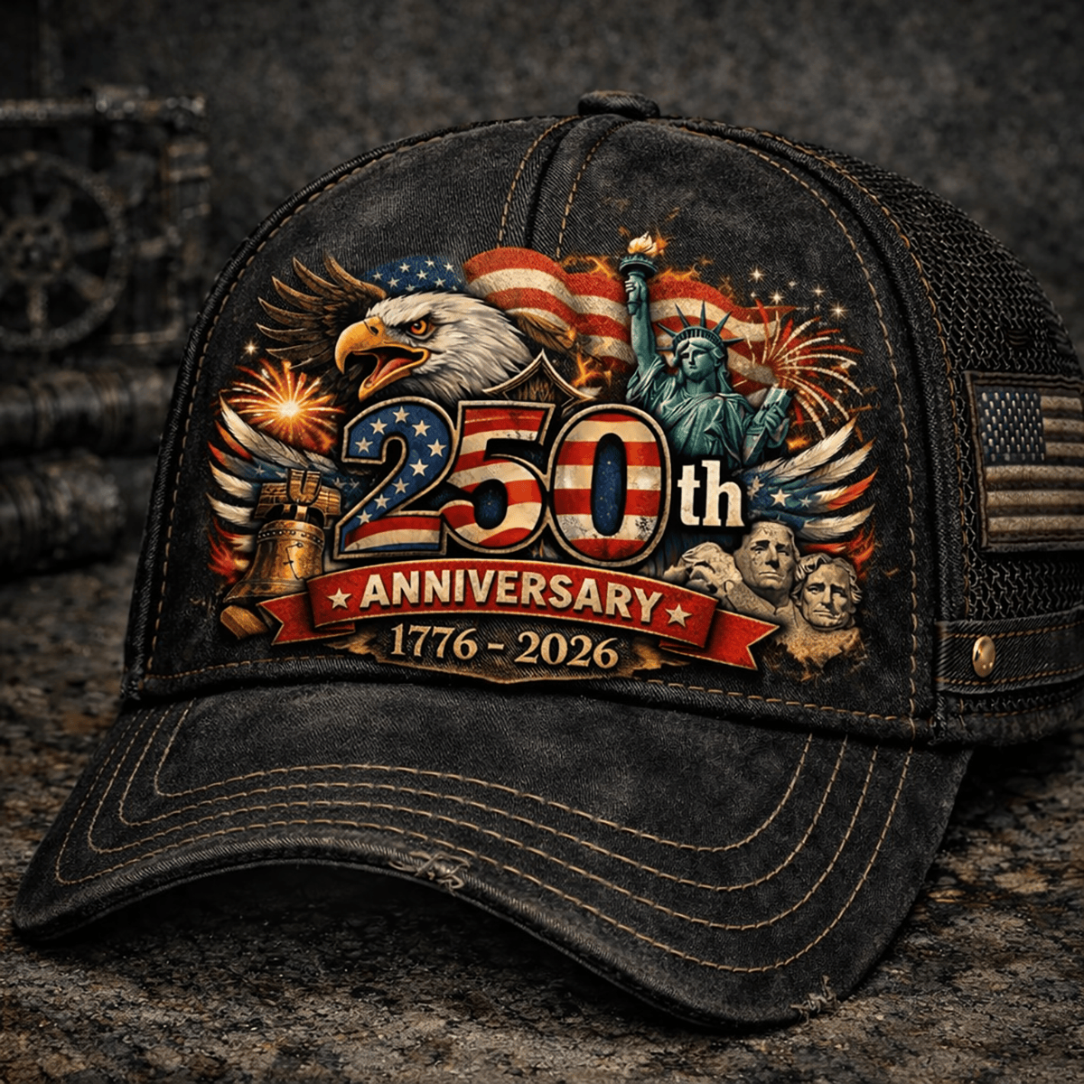 Printed 250th Anniversary USA Trucker Cap, America 1776–2026 Hat, Patriotic Eagle Freedom Hat, Independence Day Veteran Gift