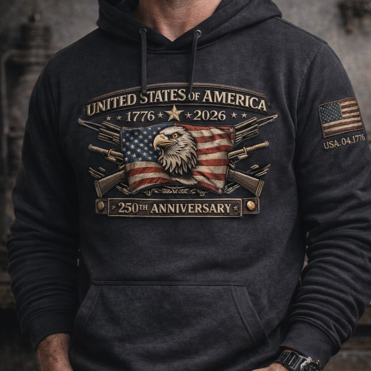 Printed USA 250th Anniversary Hoodie, United States of America 1776–2026 Eagle Flag Hoodie, Patriotic Gift for Men