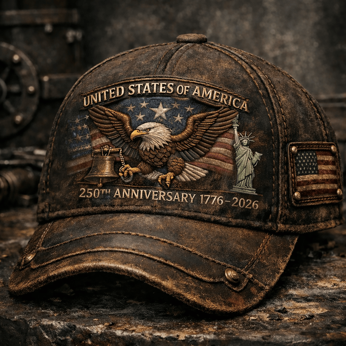 United States of America 250th Anniversary 1776–2026 Printed Hat, Patriotic Eagle Liberty Bell Cap, Vintage USA Gift for Men Dad